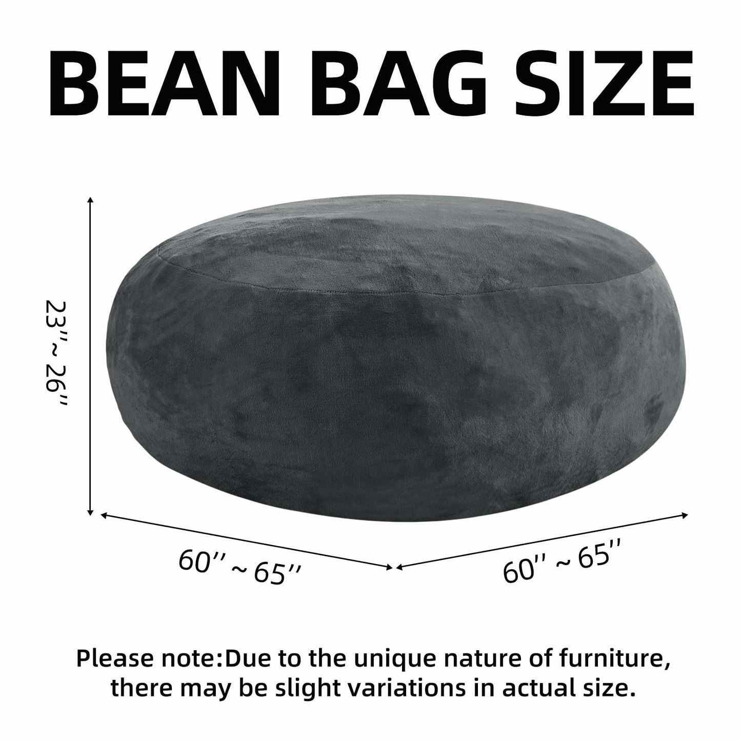 Bean Bag Chair 5Ft, Memory Foam Filled, Large Beanbag Chairs for Adults and Teens, Soft Sofa with Removable Flannel Cover, Round Couch for Living Room Bedroom College Dorm (Dark Gray, 5FT-60×60"×24")