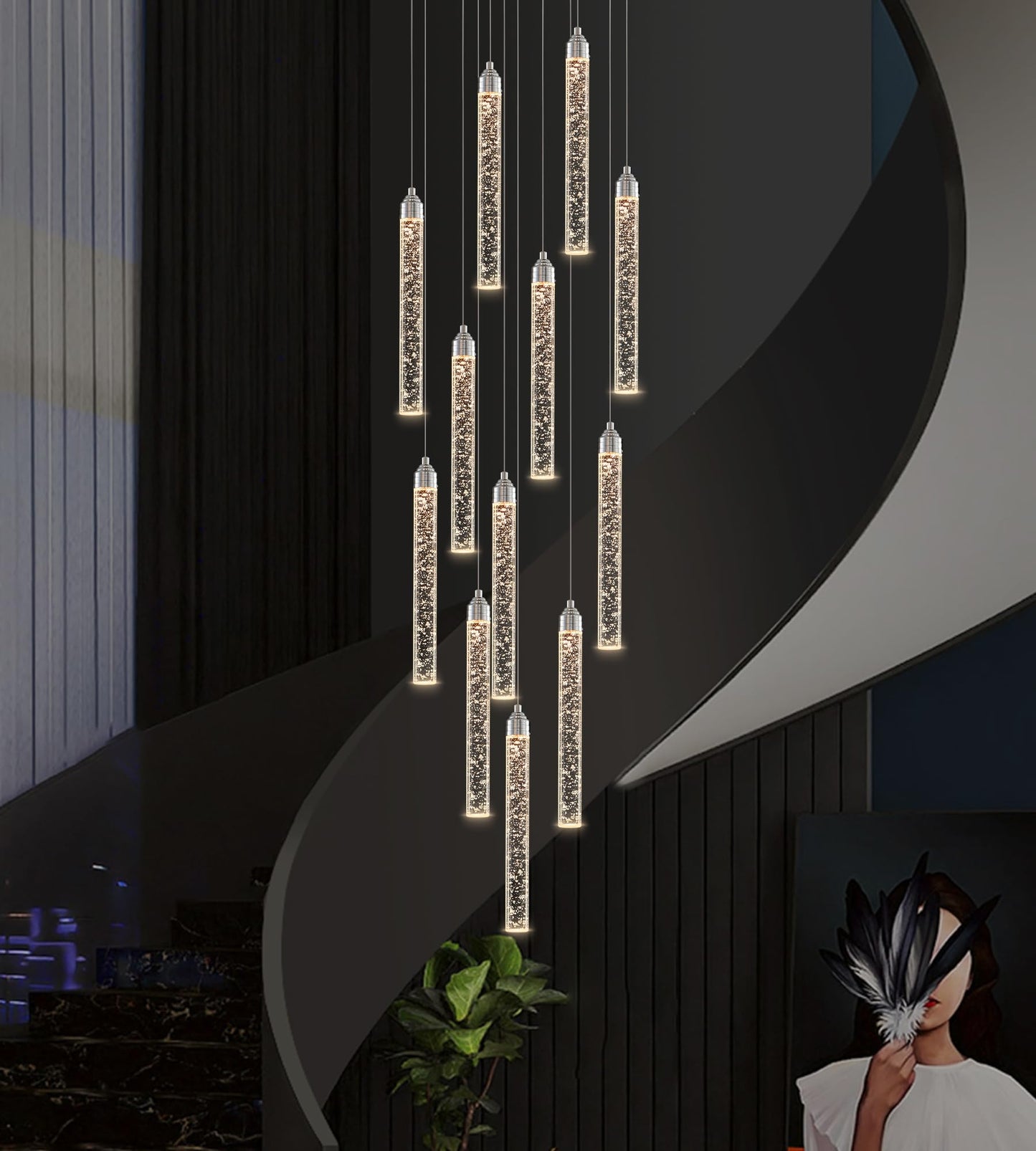 YwueChwu 12-Lights High Ceiling Crystal Staircase Chandelier Chrome, Modern Spiral Raindrop Dimmable LED Bubble Cluster Ceiling Hanging Lighting Fixture for Foyer Living Room Entrance Remote Control