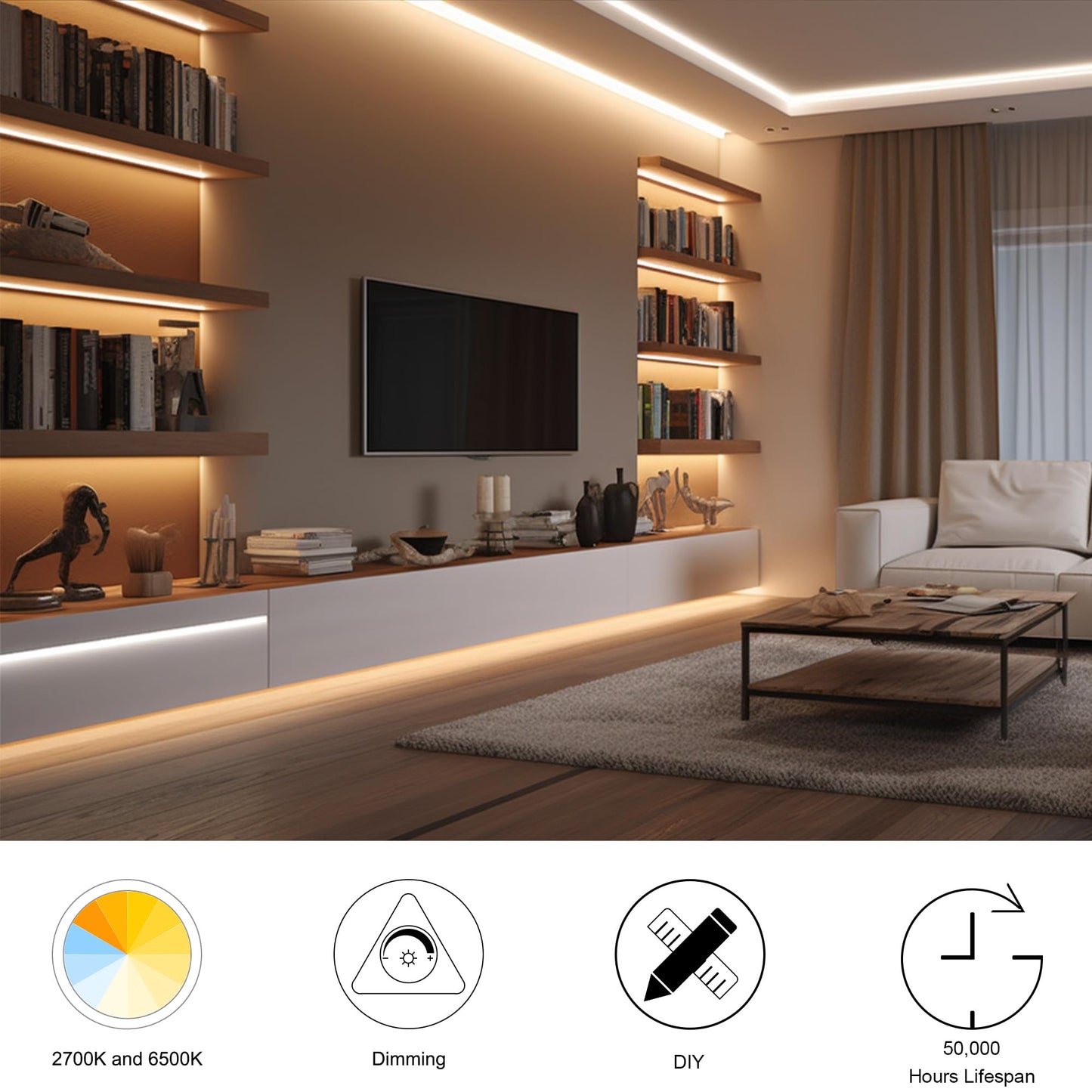 CCT COB LED Strip Lights, 9.8ft Dimmable 2700K-6500K 24V Tunable White LED Light Strip Kit, High Density CRI 90+ LED Strips with Remote Controller and Power Supply, for Bedroom Kitchen Home Lighting
