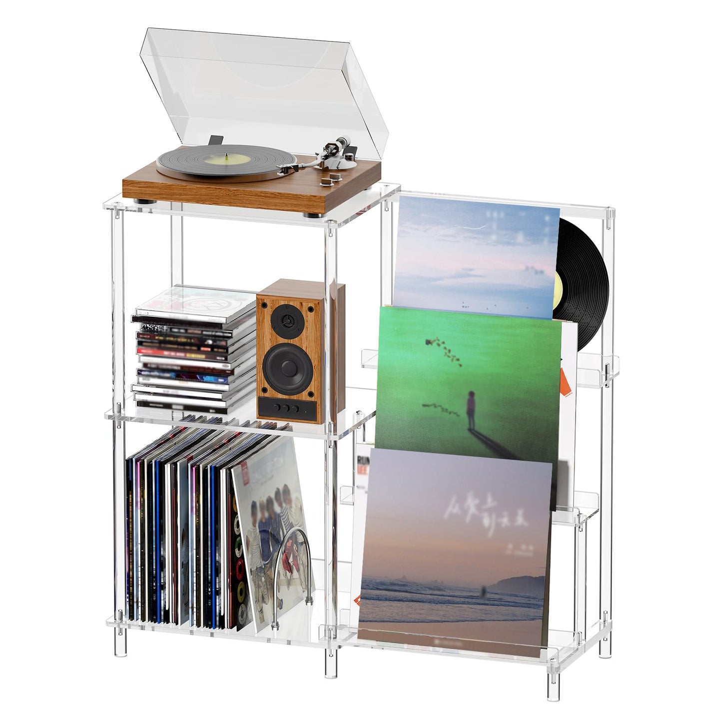 HMYHUM Acrylic Record Player Stand with Vinyl Storage, 3-Tier Table with Record Holder, Holds Up to 200 Albums, with Dividers