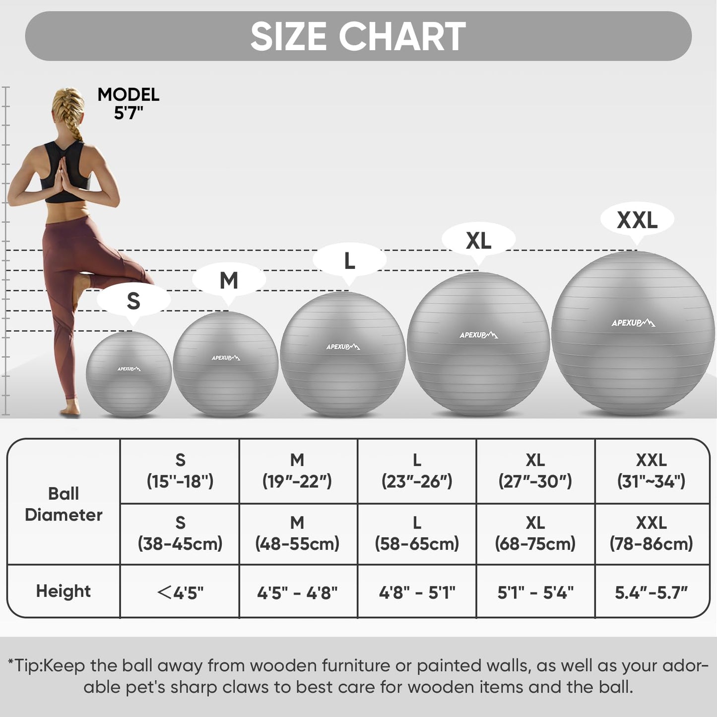 APEXUP Yoga Ball Exercise Ball, Anti Slip Stability Ball Chair, Heavy Duty Large Gym Ball for Fitness, Balance, Core Workout and Physical Therapy (S (15"~18") 45cm, Silver)