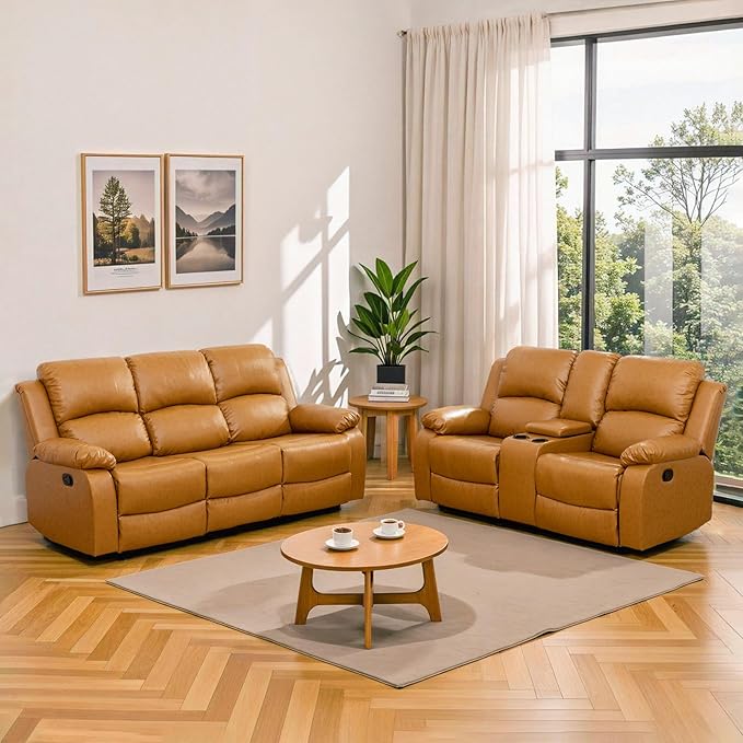 JBXBER Manual Recliner Sofa Set for Living Room, Leather Reclining Sofa Sets, Faux Leather Couch Set with Cup Holders, Drop-Down Table and Storage Console(Sofa and Loveseat,Ginger)