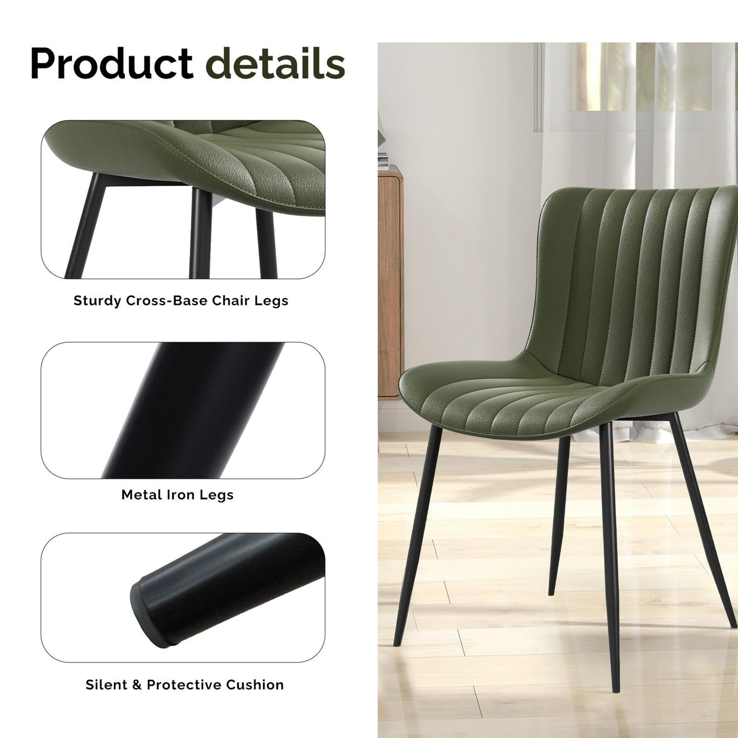 homeokay Dining Chairs, Modern Dining Room Chair 16 inch Leather with Wooden and Metal Frame, Set of 2 (Green)