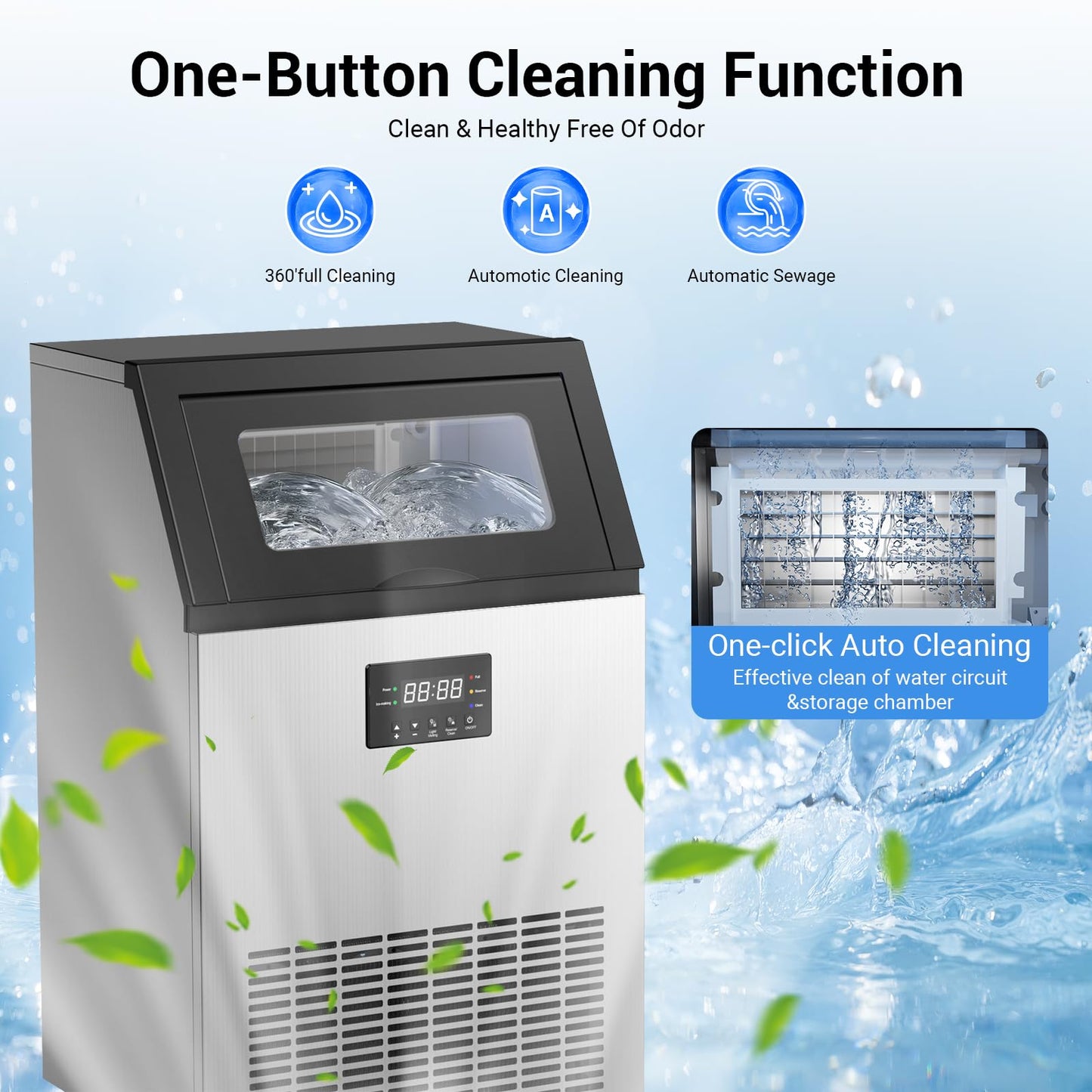 Commercial Ice Maker Machine, 200lbs/Day Under Counter Ice Machine with 50 Lbs Storage Bin, 55 Ice Cubes in 8-12 Mins Free Standing Ice Maker for Home/Bar/Restaurant/Outdoor