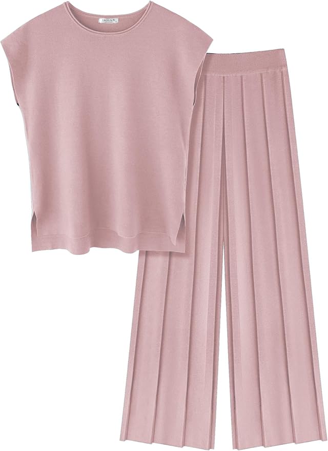 Ekouaer Lounge Sets for Women Two Piece Outfits Knit Cap Sleeve Tops Wide Leg Pleated Pants Casual Dressy Sweater Sets