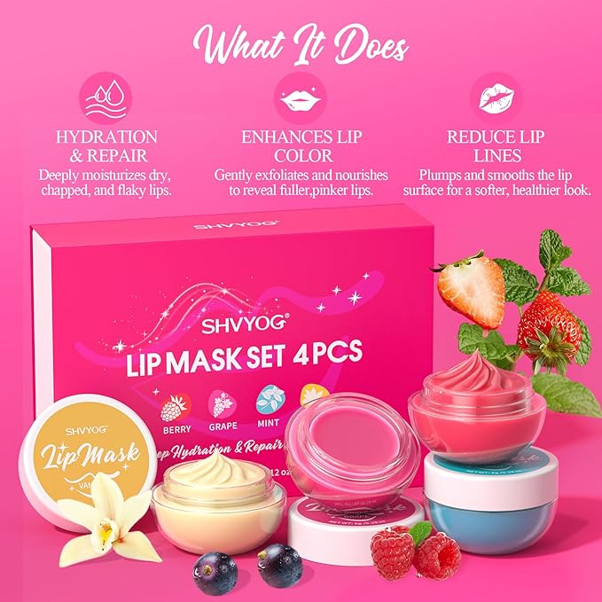 4 Pack Lip Mask Set, Lip Sleeping Mask Hydrating Repair for Chapped, Dry Lips - Berry, Grape, Mint, Vanilla Flavors, Overnight Lip Mask with Vitamin C & Shea Butter
