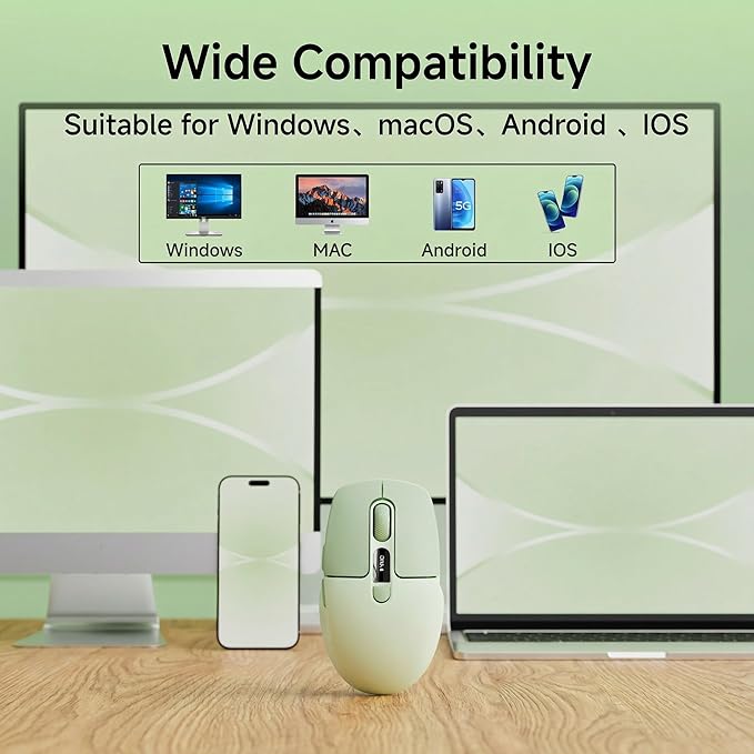 EWEADN Q1 Wireless Mouse, BT & 2.4G Silent Mouse Quiet Click with 1600 DPI Levels, Battery & DPI LED Screen Display, 6 Button Small Portable Bluetooth Mouse for Laptop/PC/Mac-Green