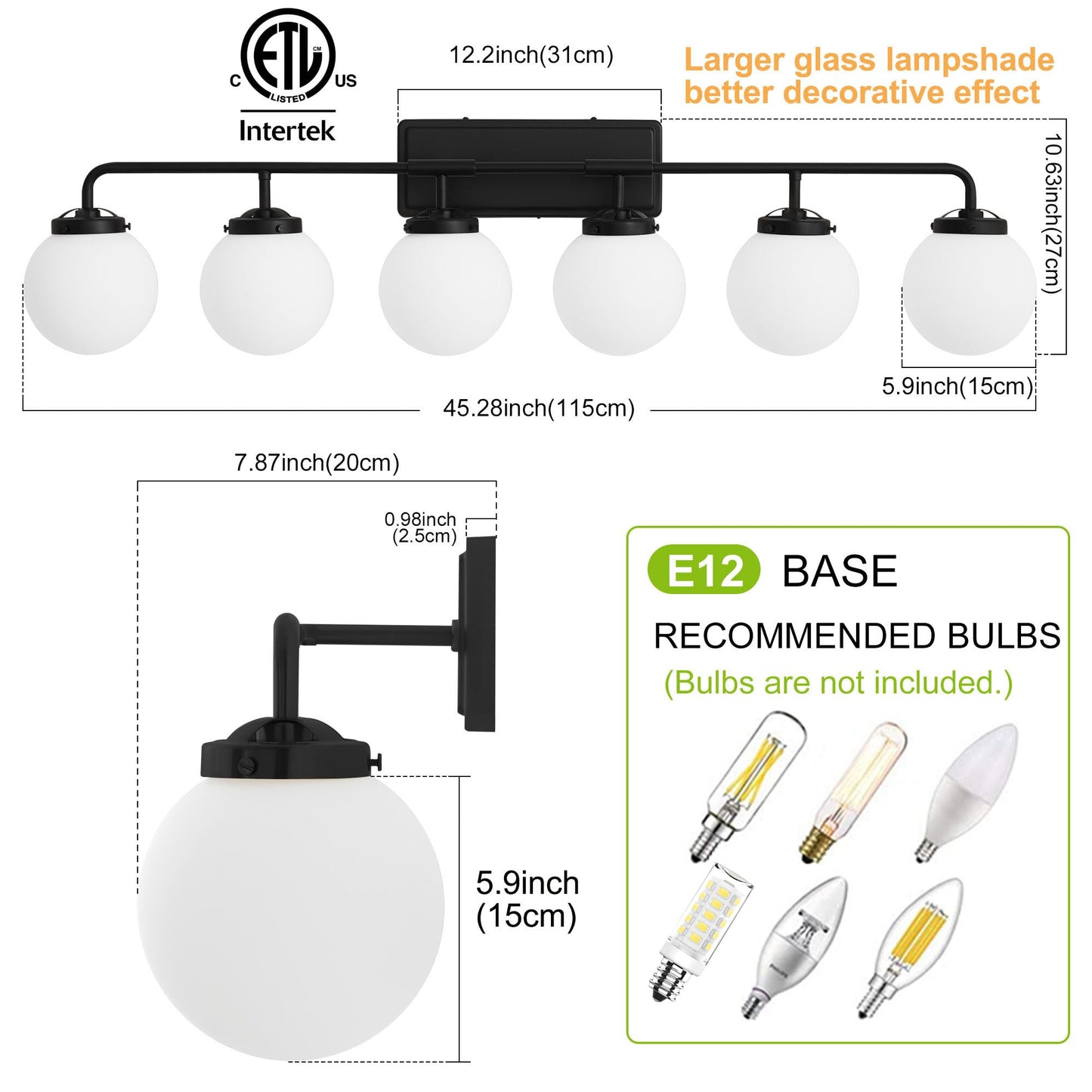 Deyidn Bathroom Light Fixtures Over Mirror, 6-Light Matte Black Vanity Lighting with Milk White Glass Globe Shades Modern Wall Sconce