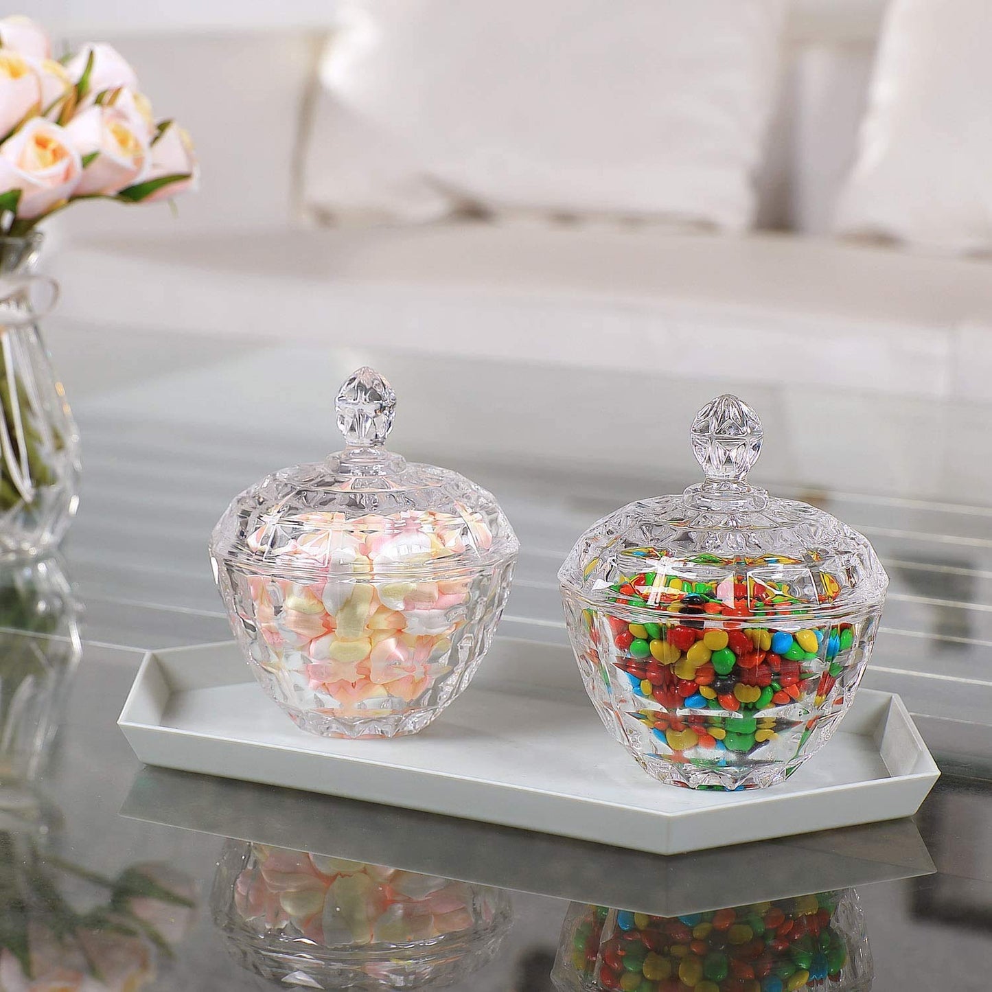 ComSaf Glass Candy Dish with Lid, 9OZ Small Candy Jars with lid for Office Desk, Covered Candy Dish for Office Desk, Decorative Cute Glass Jar, Jewelry Box for Wedding Party Buffet Decor
