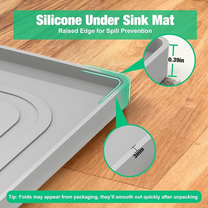 Under Sink Mat 25" X 19", Waterproof Silicone Under Sink Mats for Kitchen, Anti-Leak Shelf Liner & Cabinet Protector with Raised Edge, [BPA Free] Bathroom Tray Home Organizer, Light Grey