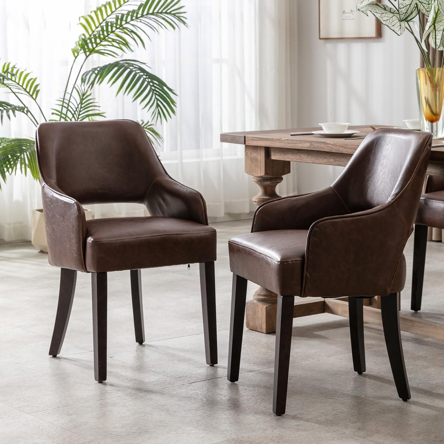 Kmax PU Leather Fabric Dining Chairs Set of 2 Upholstered Side Chairs Farmhouse Accent Chairs with Open Back Wood Legs for Dining Room Guest Room Restaurant, Brown(Wider Seats)