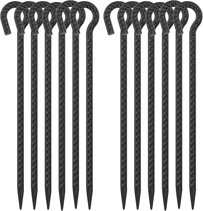 EUOKOK 16 Inch Rebar Ground Stakes with Loop 1/2 inch Diameter Steel Tent Stakes (12 pcs), Heavy Duty Tree Stakes and Supports, Dog Tie Out Stakes, Metal Spikes for Outdoor Camping and Yard, Black