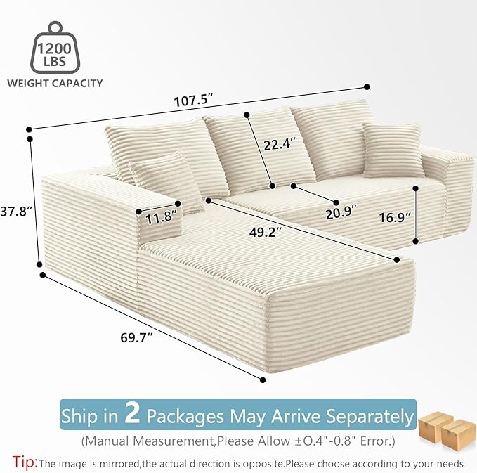 107" W Cloud Sectional Couch with L-Shape Chaise, Modern Corduroy Boneless Couch for Living Room,Memory Foam Sofa with Deep Seat,No Assembly Required (White,Left-Facing Chaise)