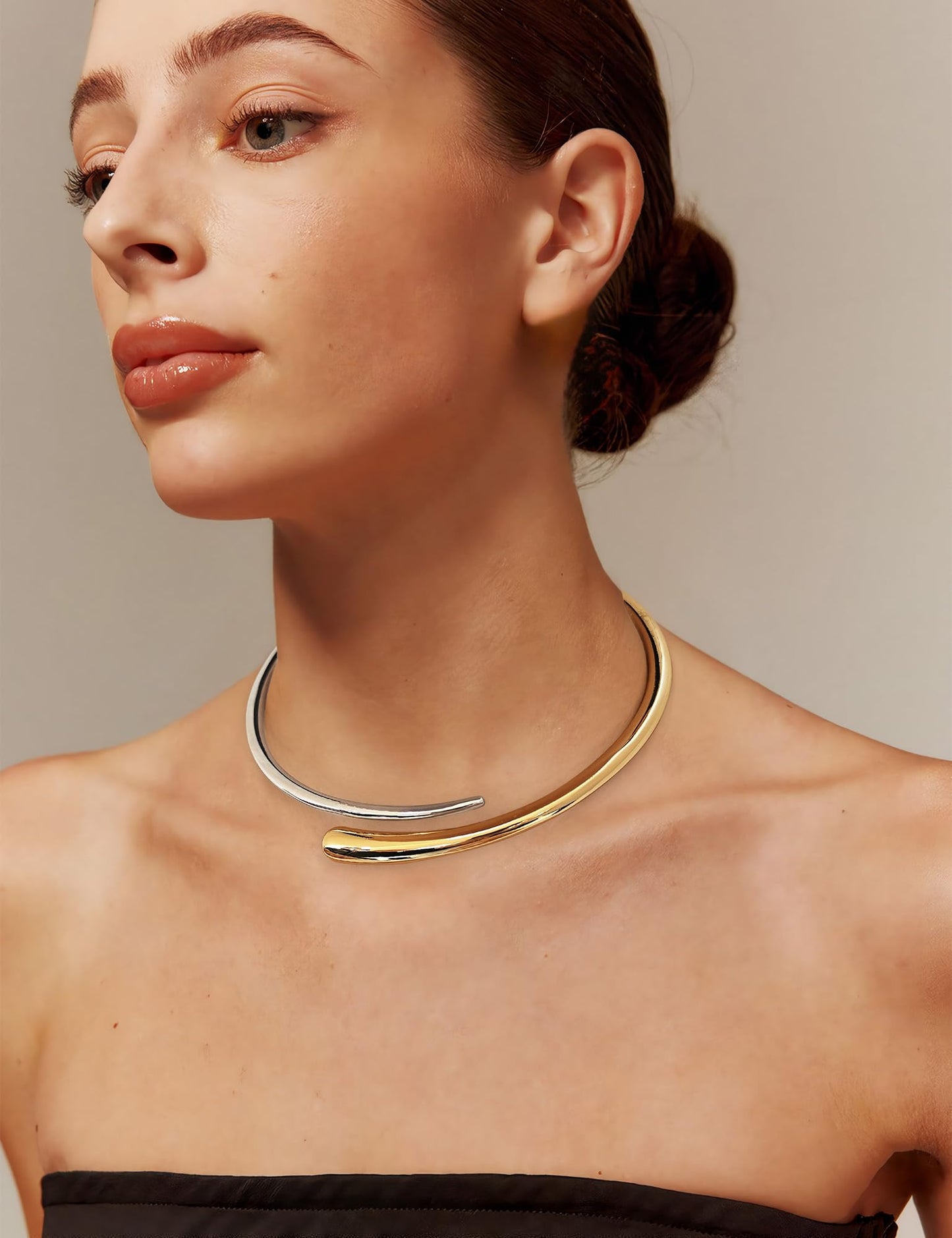 WOWORAMA Two Tone Cuff Choker Necklace for Women Gold Silver Chunky Choker Collar Necklace Mixed Metal Statement Choker Necklace