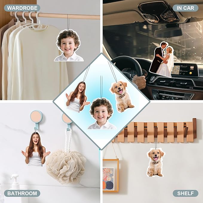 Personalized Double-Sided Car Air Freshener - Custom Photos & Text - 100% Natural Biodegradable Cotton - Long-Lasting Fragrance - 20+ Scents for Car, Home, Gifts