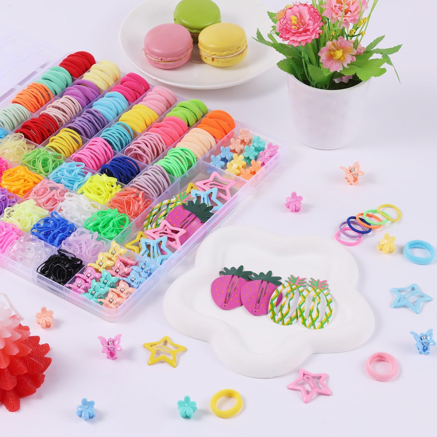 Toddler Hair Accessories for Girls, Colorful Elastic Hair Ties Set with Hair Clips, Funtopia 1246pcs Hair Rubber Bands with Cotton Baby Hair Ties, Mini Hair Clips, Hair Tail Tools for Kids