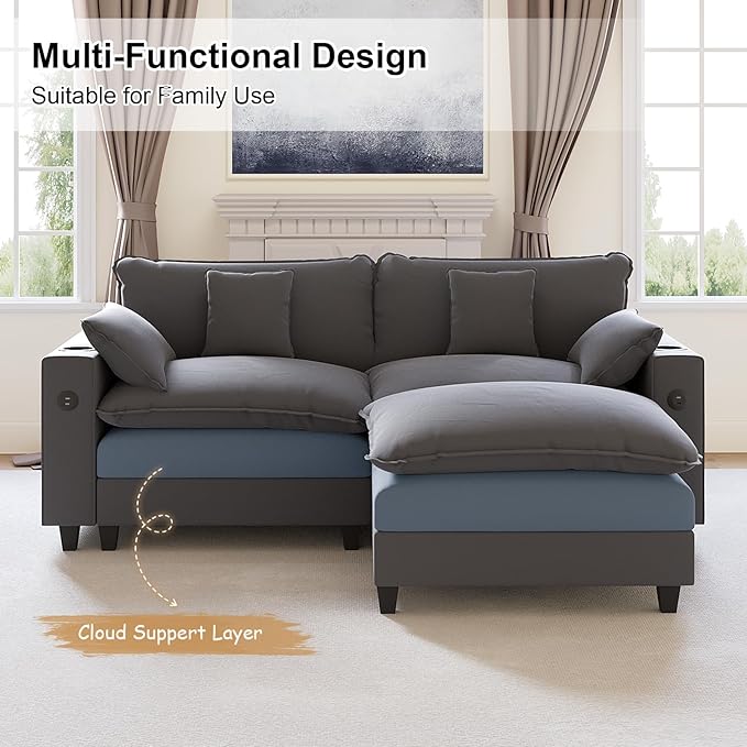KCGKCG 80.7" Modular Sectional Sofa, L Shaped Cloud Couch with Movable Ottoman, Chenille Deep Seat Cloud Sofa with Charging Station, Cup Holder, Side Pocket, Sectional Couches for Living Room, Grey