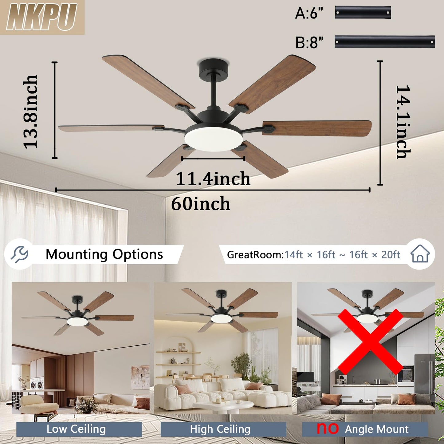 60 Inch Ceiling Fans with Lights, Large Modern Brown Ceiling Fan with Light and Remote Control, 6 Double Sided Blades, 6 Speed Reversible Motor, Dimmable LED, Silent Timing, Indoor Outdoor Patio Use