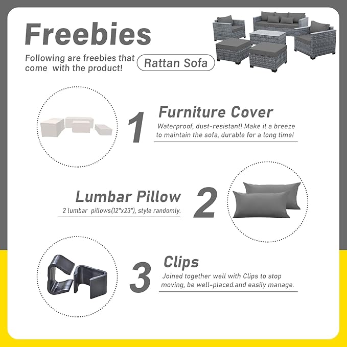 Lviden 6 Pieces Wicker Patio Furniture Sets Outdoor Conversation Set HDPE Rattan Sectional Sofa Couch with Storage Table and Grey Cushions