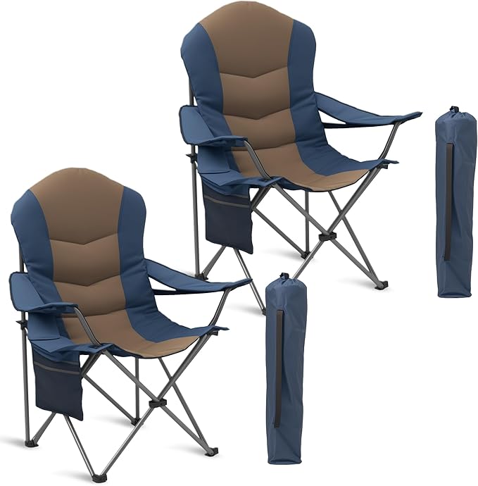 Foristrail 2 Pack Folding Camping Chairs for Adults - High Back Padded Outdoor Lawn Chairs with Lumbar Support & Cup Holder, 400lbs Heavy Duty Portable Camping Chairs Set (Light Blue & Brown, 2 PCS)