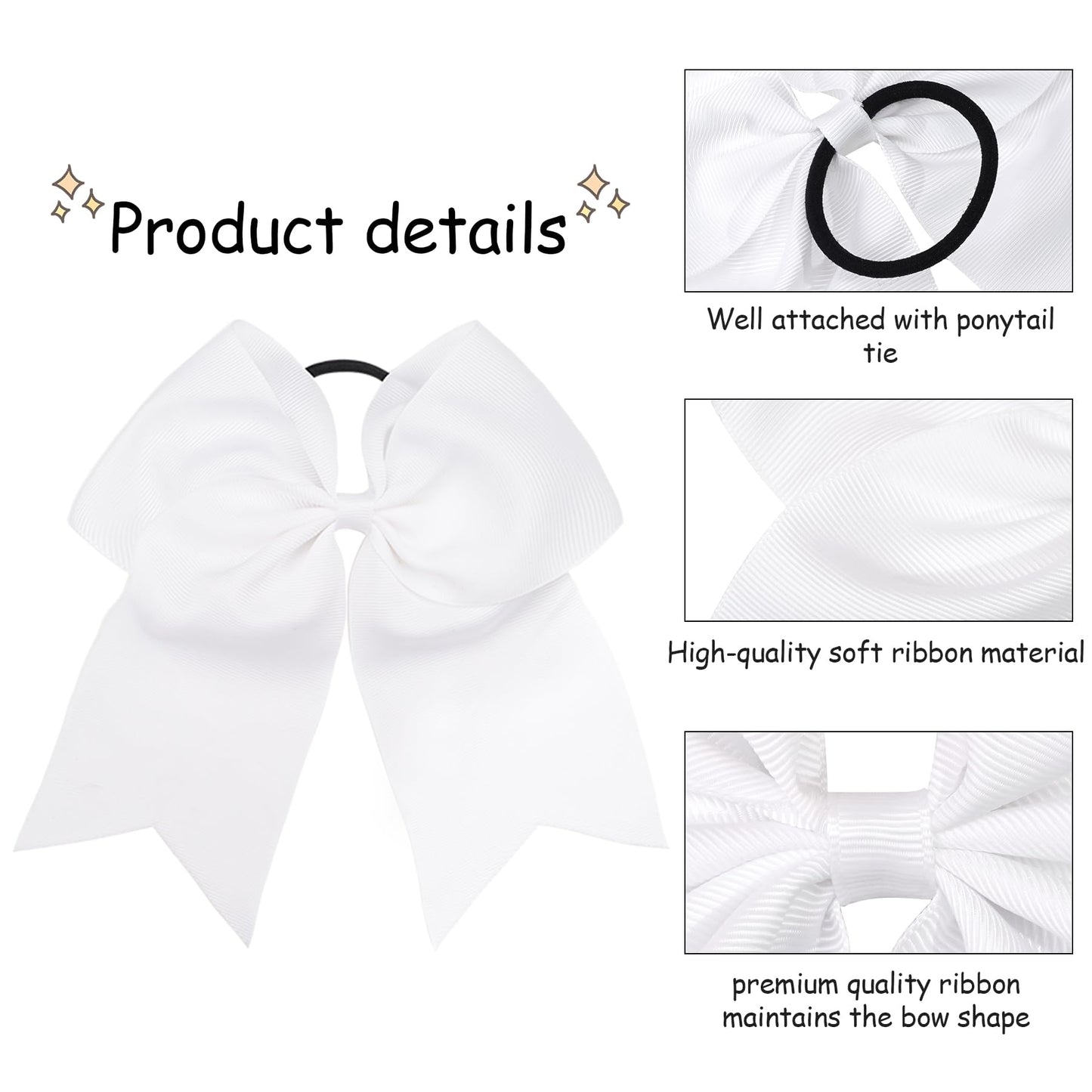 JOYOYO 6Pcs 8 Large Cheer Bows for Girls Ponytail Holder Black Grosgrain Ribbon Cheerleading Bows Elastic Hair Tie Bands for Bab