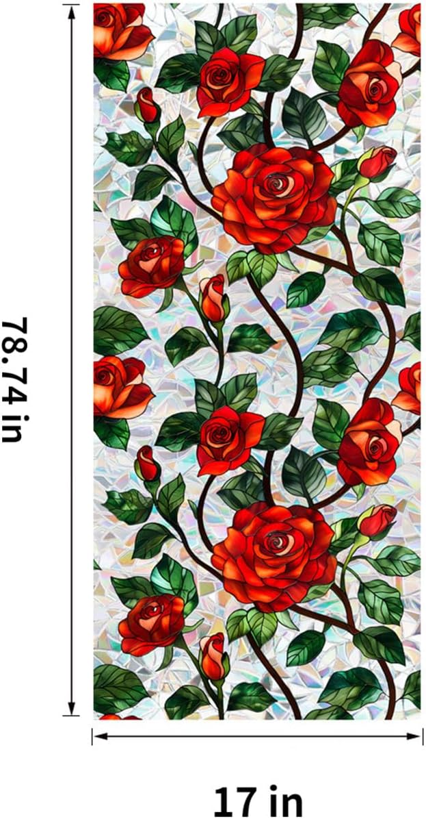 Stained Glass Window Film, Rose Floral Privacy UV Resistant, Removable Static Cling Rainbow Window Decals, Sun Blocking Decor for Bedroom Living Room, 16.93x78.74 Inch