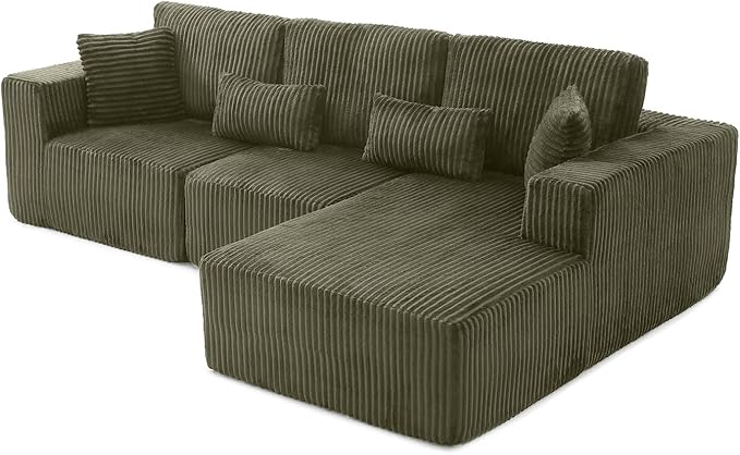 110" Cloud Sectional Couch, Modular Sectional Sofa with Deep Seat, Corduroy Upholstered Boneless Couch for Living Room Bedroom, Right Facing Chaise (Green)