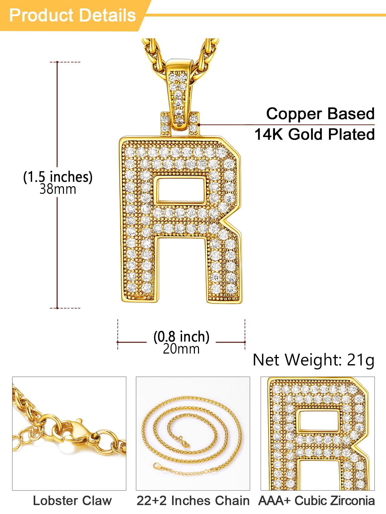 U7 Gold R Necklace Men 18K Gold Plated Chain Bling Hip Hop Costume Jewelry Full CZ Iced Letter Pendant Initial Necklace