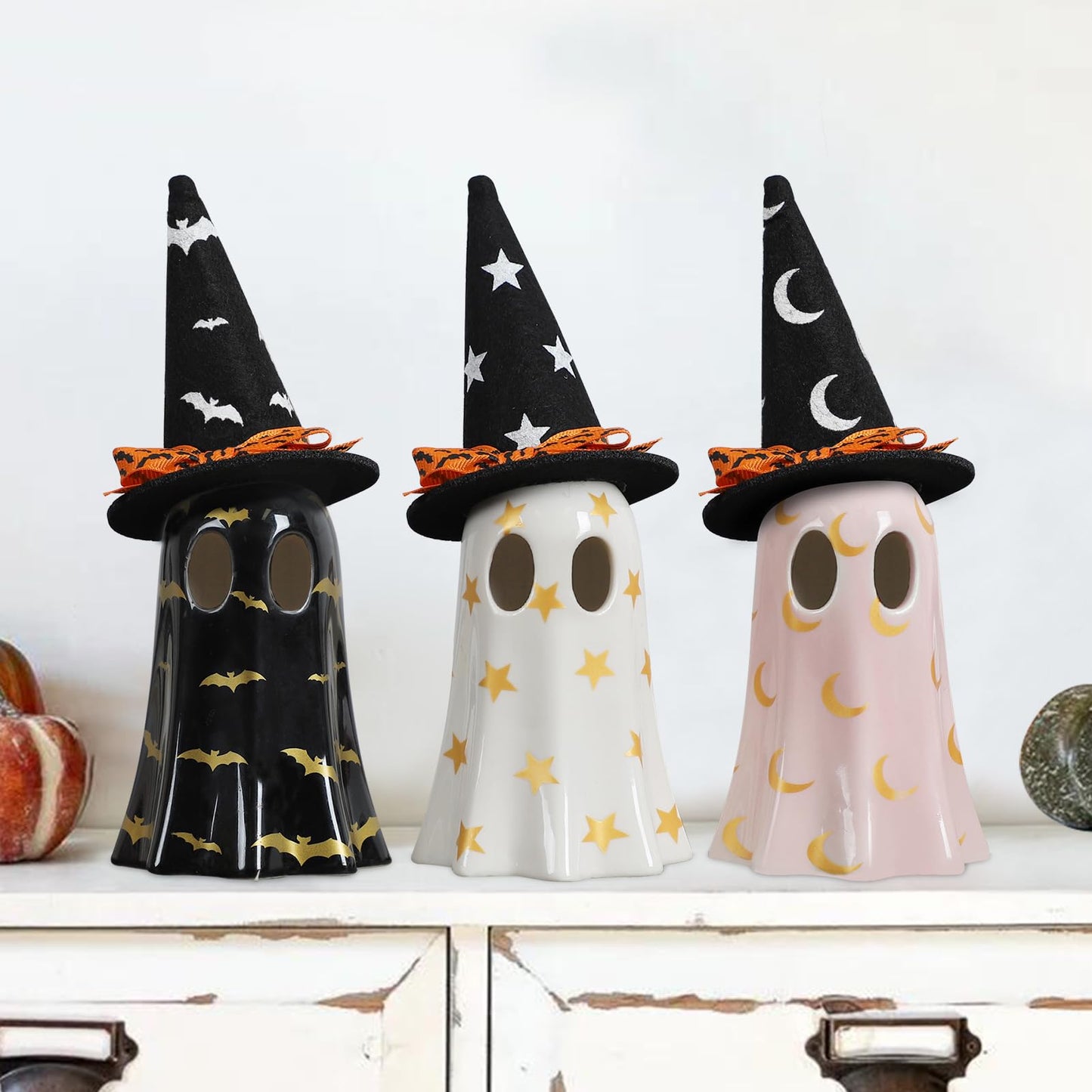 DAZONGE Halloween Decorations Indoor, Set of 3 Ceramic Ghosts with Witch Hats, Cute Spooky Halloween Ghost Figurines for Mantel, Shelf & Tabletop Decor