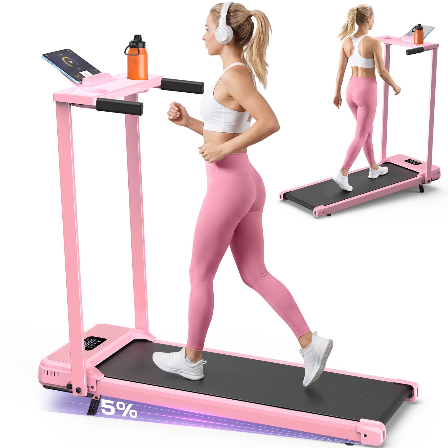 Pink Walking Pad Treadmill with Incline - Foldable Treadmills with Handle Bar, Compact Folding Treadmills for Home Small Spaces, Office, Remote Control & LED Display