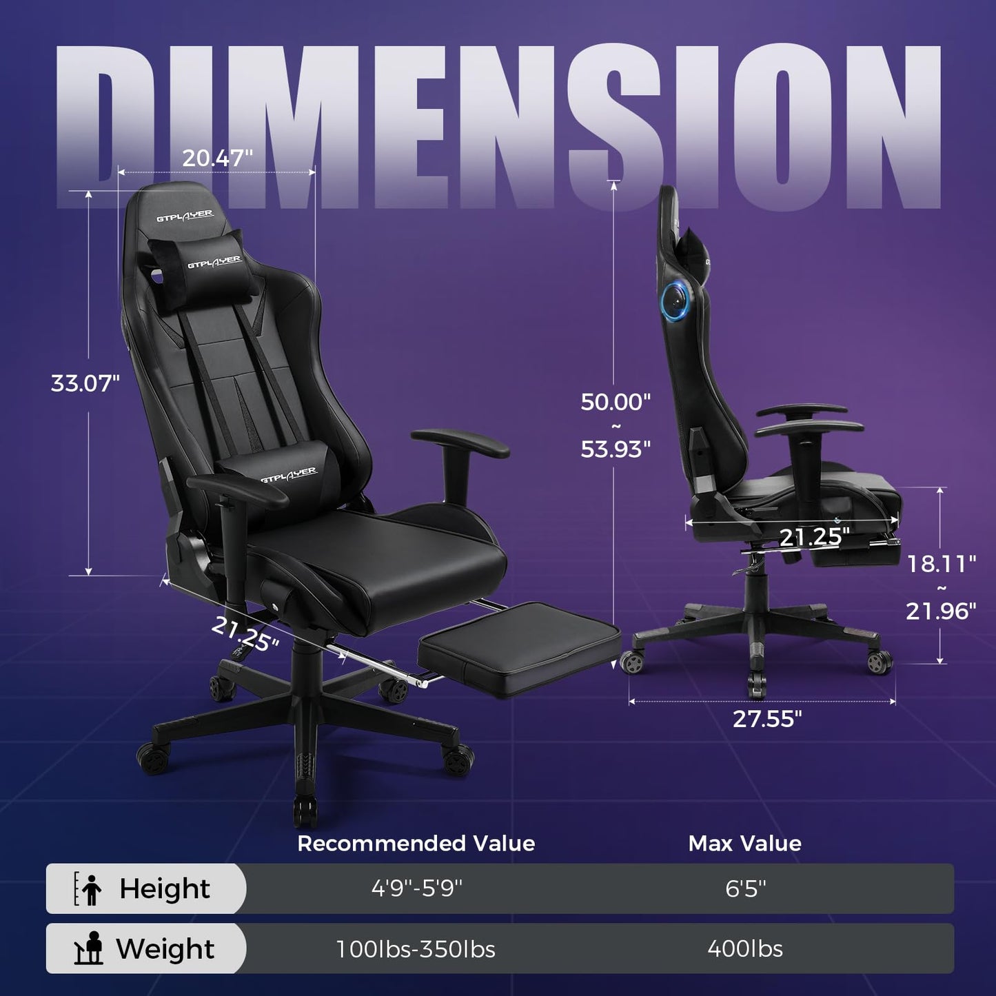 GTPLAYER Gaming Chair with Speakers, Music Gaming Recliner Chair for Adults and Kids, Height Adjustable Computer Game Reclining Chair with Footrest by GTRacing (Black)