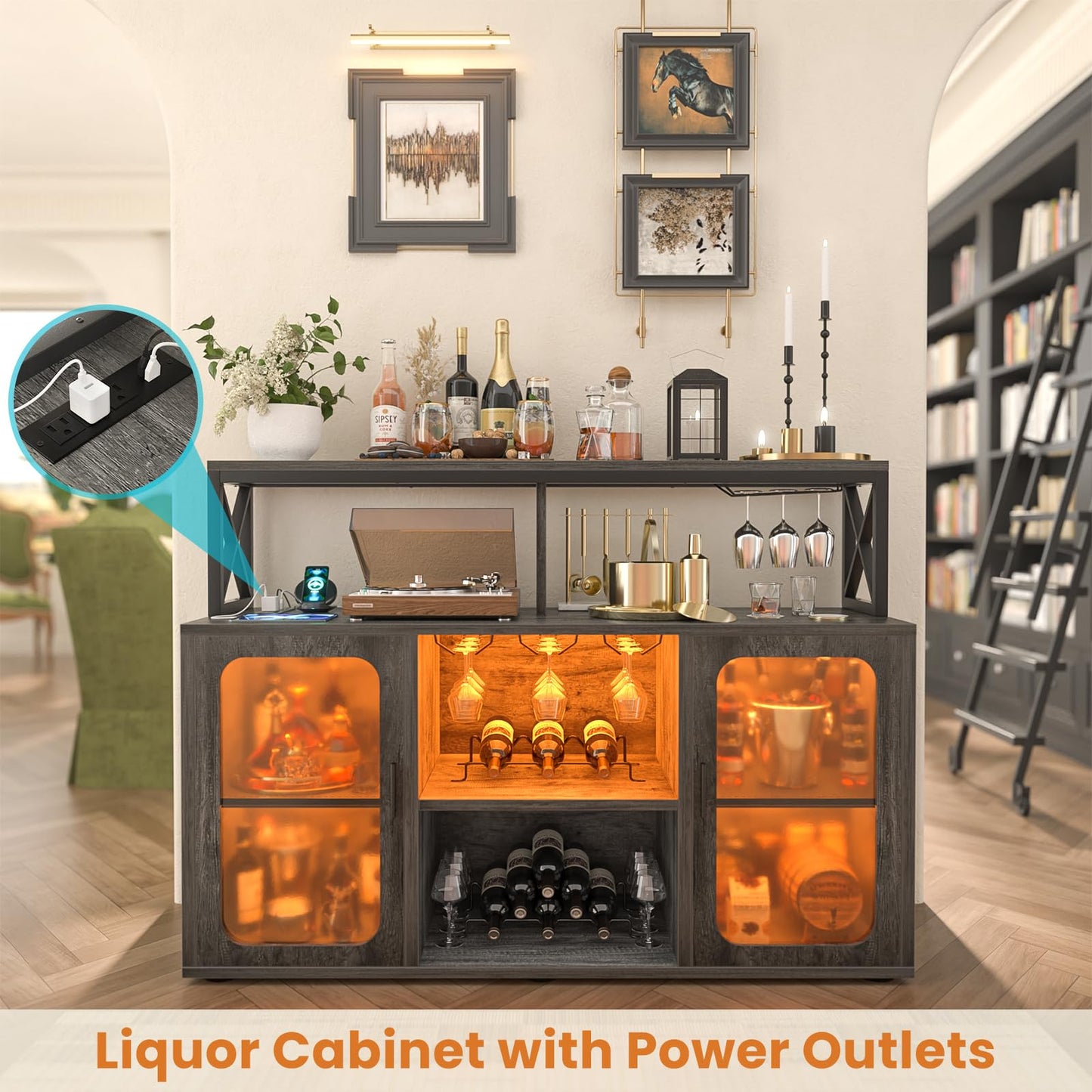 Aheaplus Bar Cabinet with Power Outlets, Liquor Cabinet with Led Lights and Glass Holder, Storage Buffet Cabinet Coffee Bar Cabinet for Liquor, Wine Cabinet with Racks for Home, Kitchen, Grey Oak