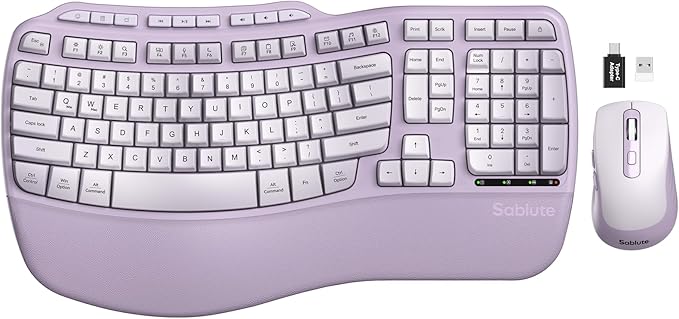 Purple Ergonomic Wireless Keyboard and Mouse Combo, Sablute 2.4G Full Size Ergo Wave Key Board with Cushioned Plam Rest, N...