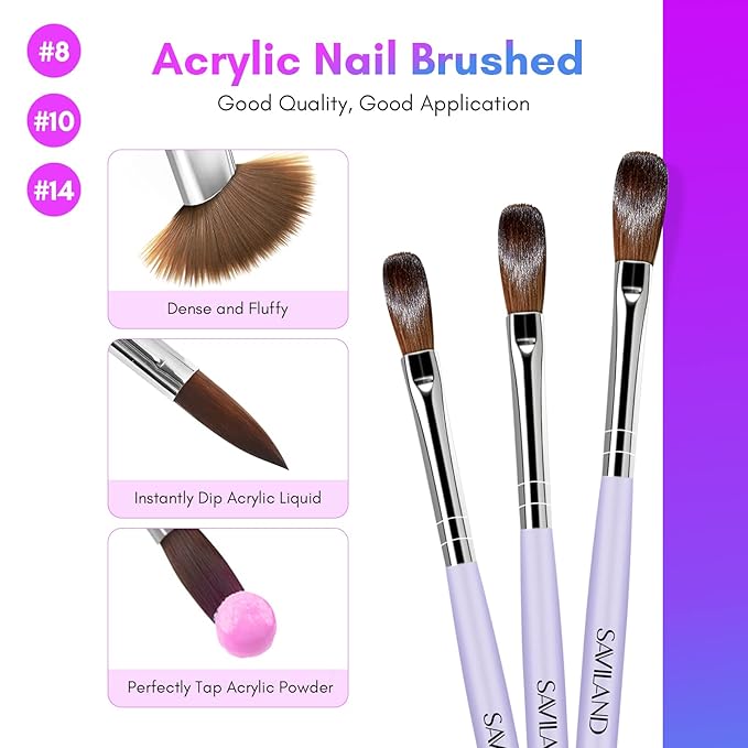 SAVILAND Monomer Acrylic Nail Liquid – 8.11fl.oz Acrylic Liquid with 3PCS Brushes Size（8/10/14) Non-Yellowing Monomer for DIY Home Nail Salon Use