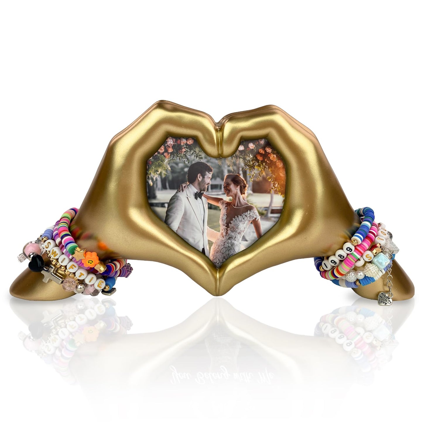 GUSFREUD Gold Heart Hands Sculpture with Picture Frame, Unique Wedding Gift Idea for Couples, Romantic Anniversary Statues for Women, Wife, Her
