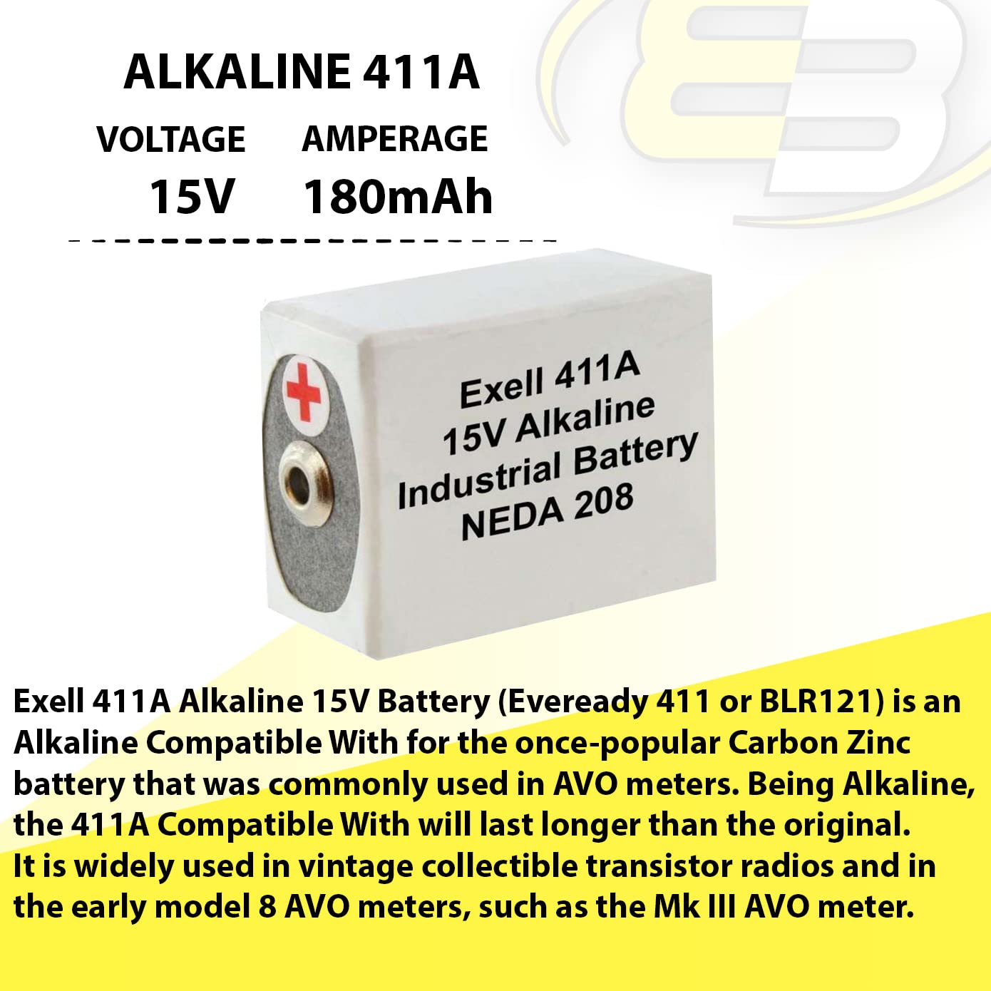 Exell 411A Alkaline 15V Battery Replaces Neda 208, 10F20, Blr121, 411A Ansi 208 Ba 331/U Burgess K10 Burgess U10 Eveready 10F20