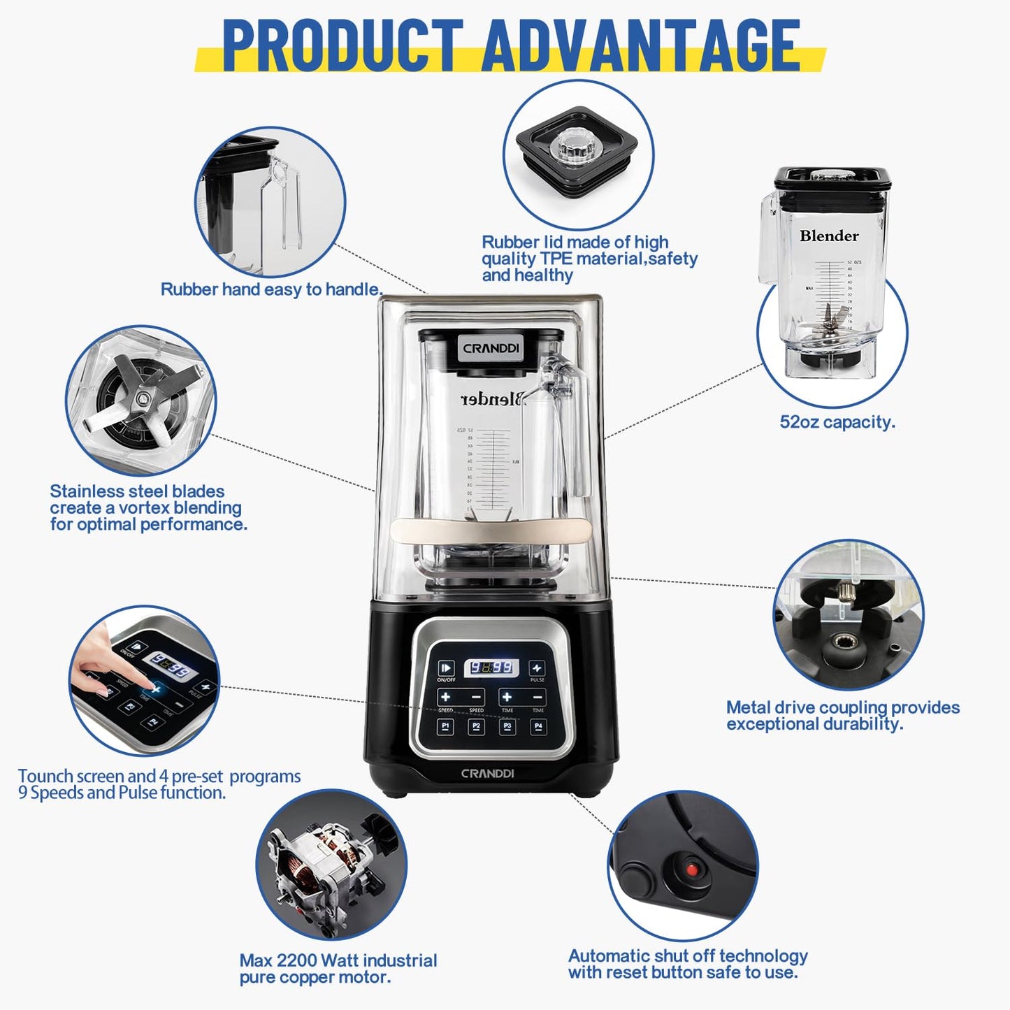 Commercial Blender 2200W, CRANDDI Professional Quiet Smoothie Blender with Smart Touch Screen & Removable Cover, 52oz for Frozen Drinks, Juice & More, 4 Preset Programs, K80TS, Black