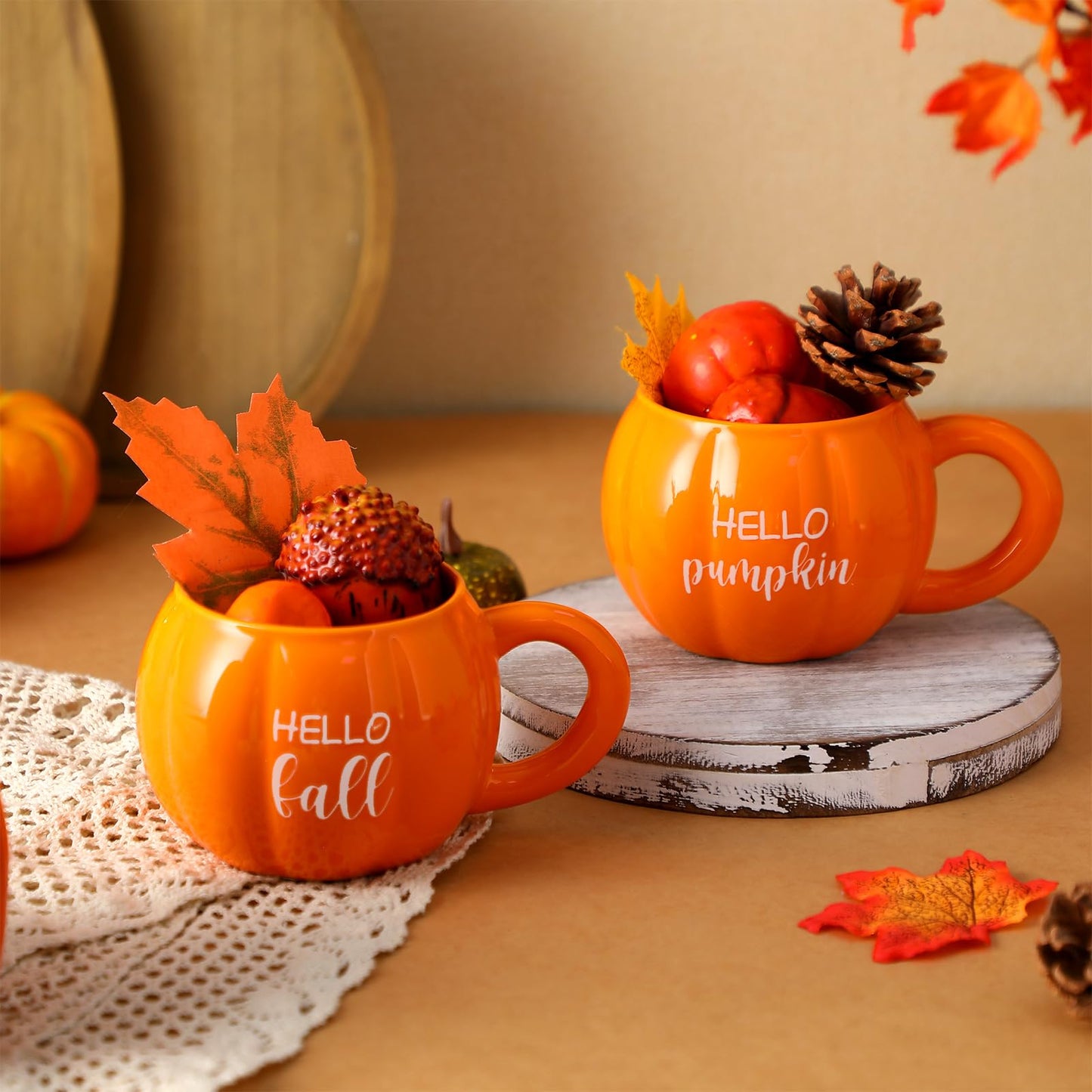 GlikCeil 2 Pcs Fall Pumpkin Coffee Mugs Thanksgiving Tiered Tray Decoration Autumn Ceramic Spice Cups 17 oz for Home Kitchen Fall Y'all Table Centerpieces Farmhouse Accessories Housewarming Gift