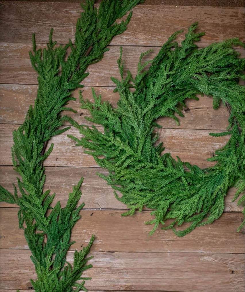 ENVEN Real Touch Norfolk Pine 22IN Green Wreath and Garland Artificial Faux Greenery Norfolk Pine for Holiday Indoor Mantle Decor (6FT)