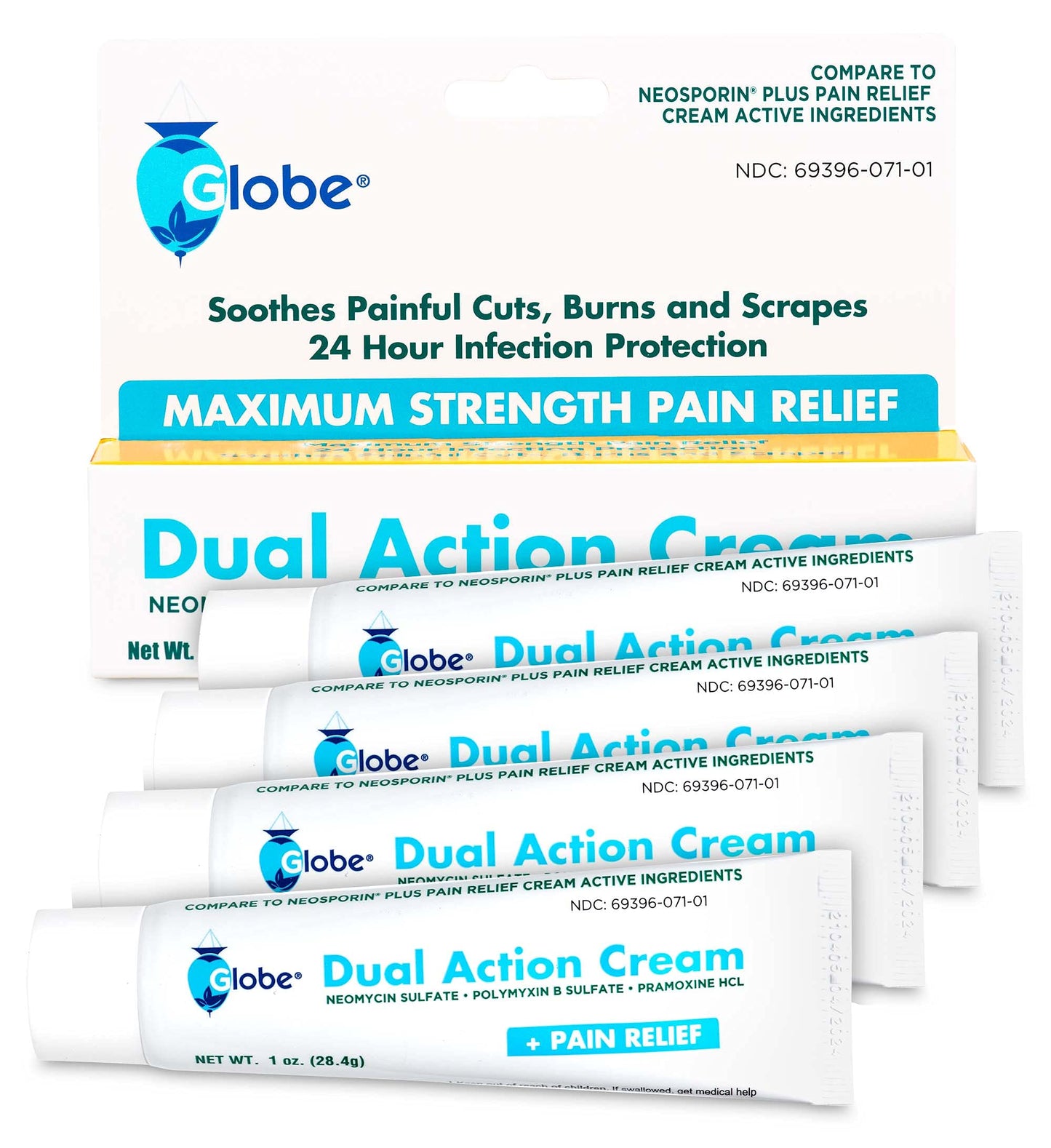 (4 Pack) Globe Dual Action First Aid Antibiotic Cream + Pain Relief, Neomycin, Polymyxin B, Pramoxine HCl, Soothes Painful Cuts, Burns and Scrapes, 24 Hour Infection Protection