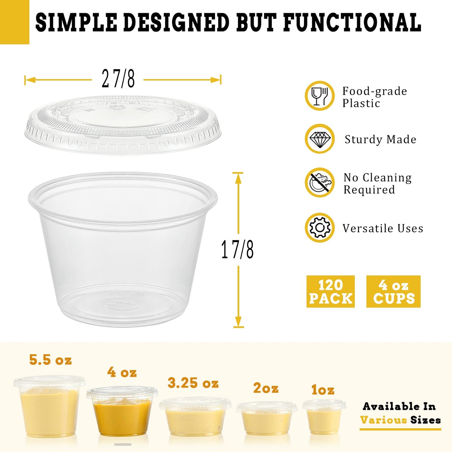 VITEVER [120 Sets - 4 oz ] Portion Cups With Lids, Small Plastic Containers with Lids, Airtight and Stackable Souffle Cups, Jello Shot Cups, Sauce Cups, Condiment Cups for Lunch, Party, Trips