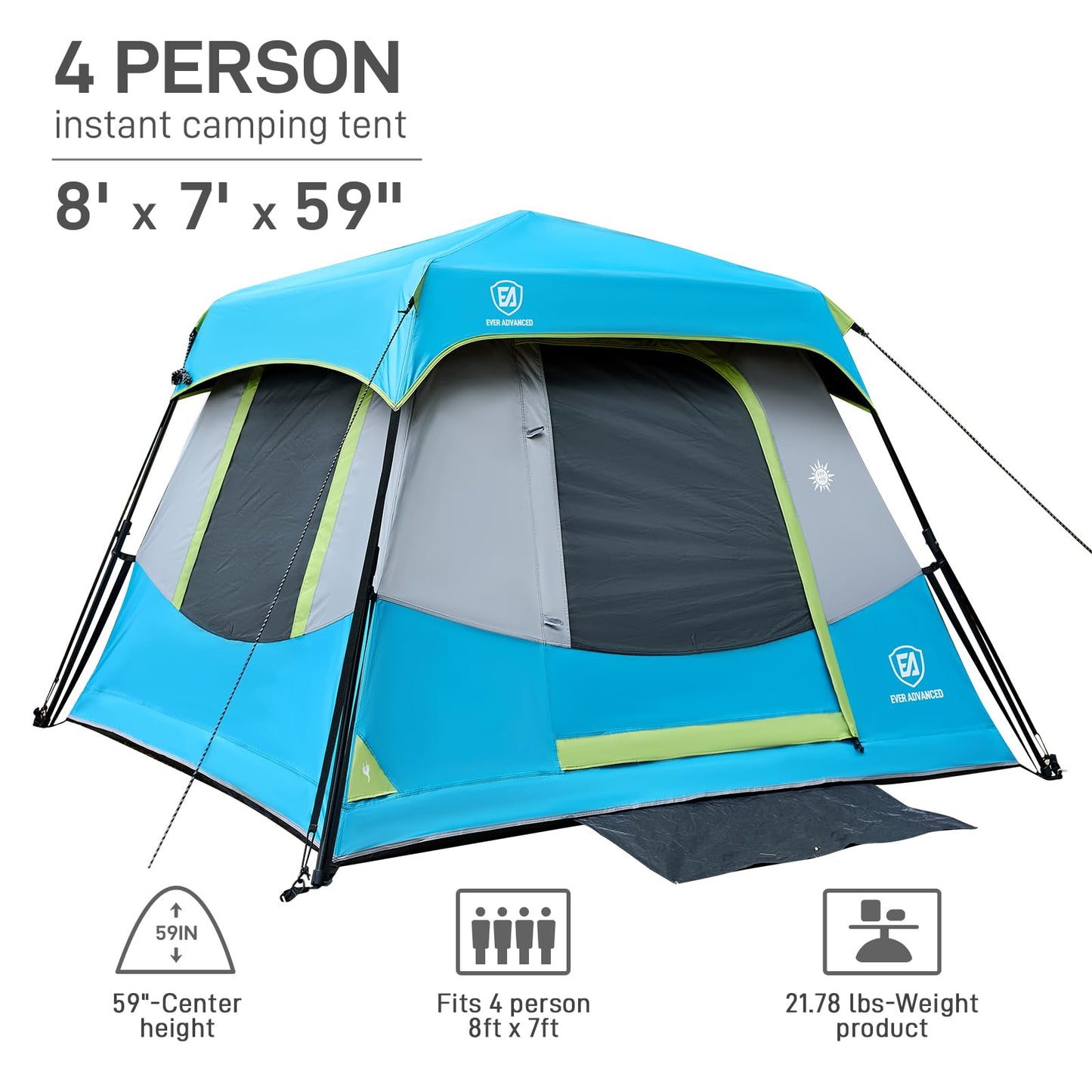 EVER ADVANCED 4 Person Blackout Camping Tent, 60s Easy Setup Instant Cabin Tent for Family, 4000mm Water-Resistant & UV Protection Light-Blocking Tent with Rainfly for Outdoor Travel, 8' x 7' x 59"