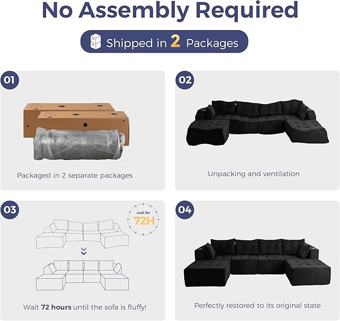 MAXYOYO 129.5" Modular Sectional Sofa Couch, U Shaped Modern Cloud Couch with 2 Ottomans, Sofa in A Box, Tufted 6-Seat Boneless Sleeper Chair for Living Room, No Assembly Required, Black