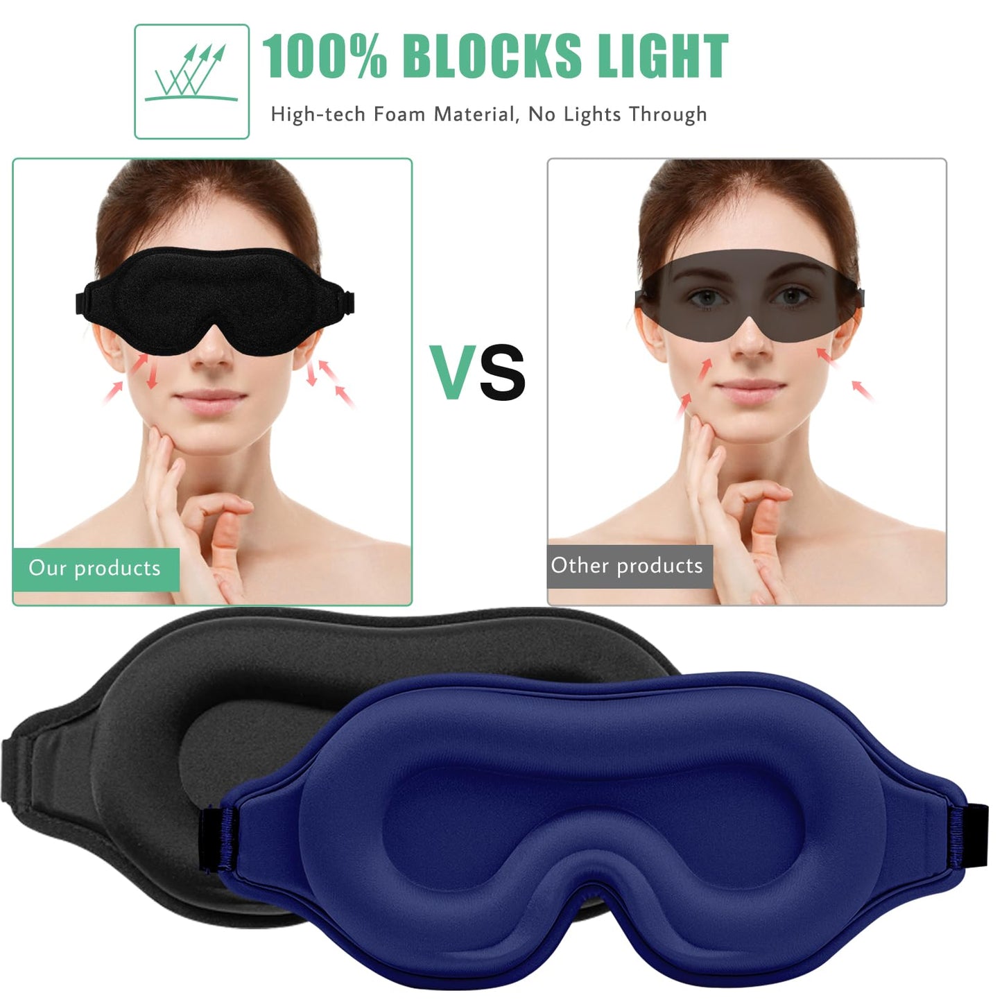 BeeVines Sleep Mask, 2 Pack 3D Contoured Sleeping Eye Masks for Lash Extensions, Night Molded Covers with Adjustable Strap, Eye Shade Cover Lashes Extension for Traveling Yoga Nap(Black & Blue)