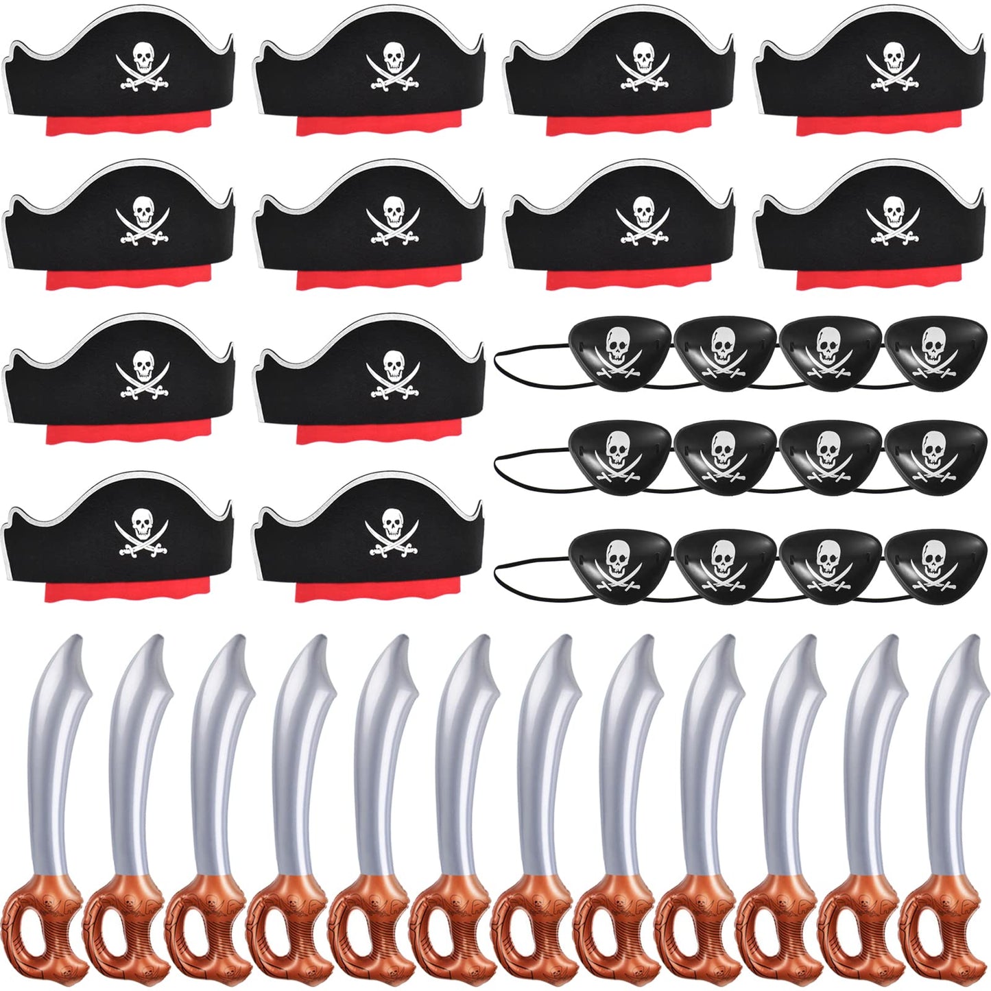 ZeeDix 36 Pcs Pirate Hat Set - Pirate Party Favors 12 Hats 12 Inflatable Sword 12 Eye Patches for Adults, Pirate Theme Party Supplies for Halloween Masquerade