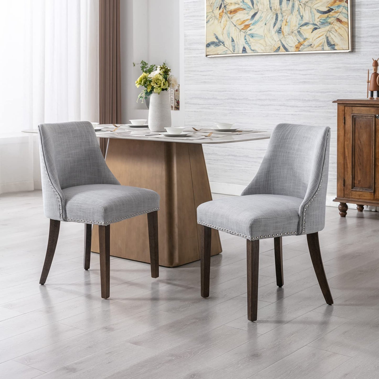 LZAREAL Linen Dining Chairs Set of 2 Upholstered Accent Chair with Nailhead Trim & Solid Wood Legs, Mid Century Modern Side Chair for Kitchen/Dining/Living/Bedroom, Linen Grey