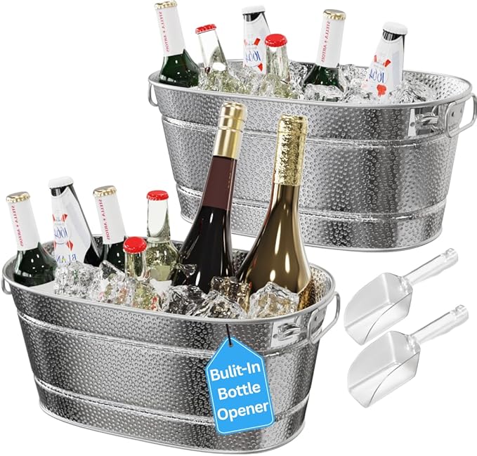2 Pack Galvanized Tub with Handles - Beverage Tub with 2 Ice Scoops, 3 Gallon Ice Bucket for Parties, Metal Drink Buckets ...