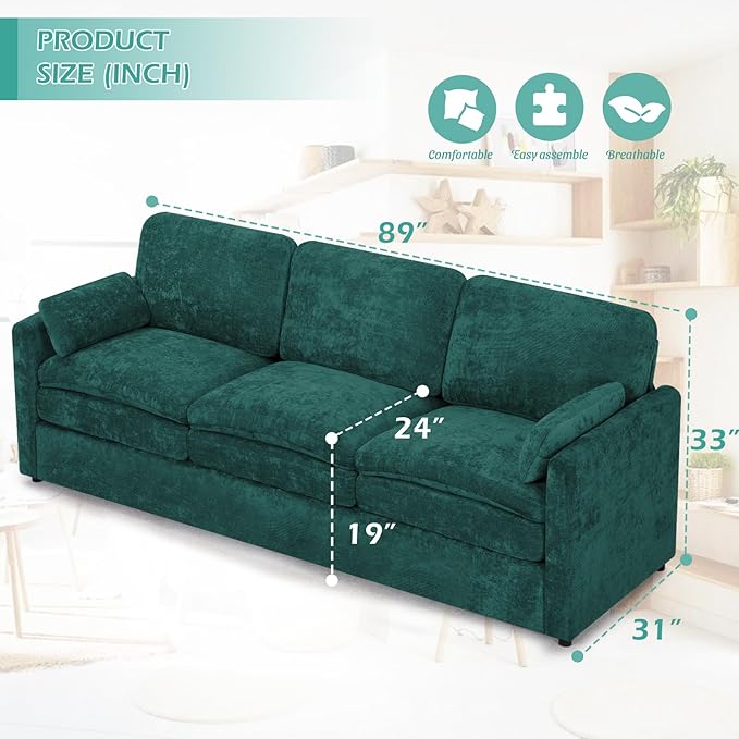 ACMEASE 3 Pieces Chenille Sofa Set w/Arm Pillows, Upholstered Loveseat & 2 Pieces 3 Seater Sofa w/Comfortable Back Cushions, Modern 2-Seat & 3-Seat w/High-Density Foam for Living Room, Teal