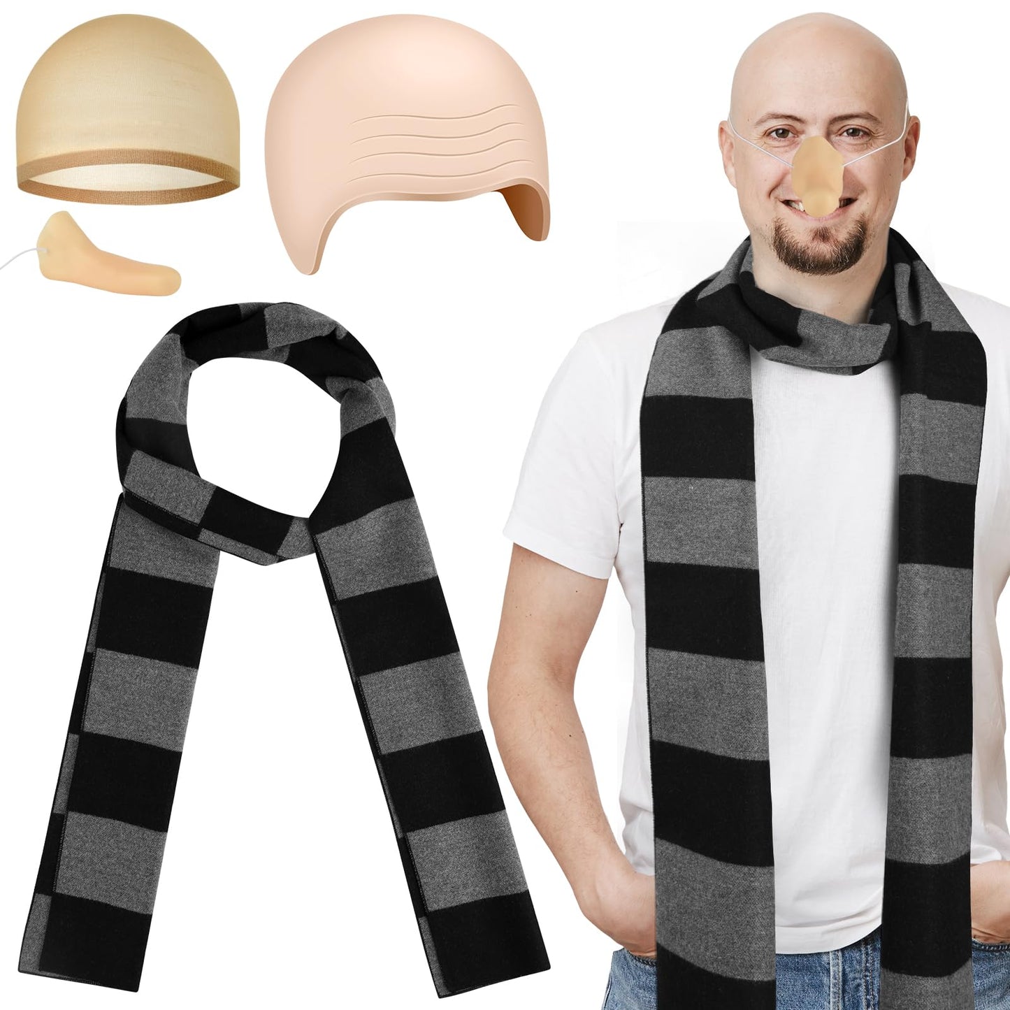 MEEZY 4 Pcs Cosplay Costume Accessories Adults Black Gray Striped Scarf with Nose Bald Cap for Men Halloween Cosplay Party Dress Up