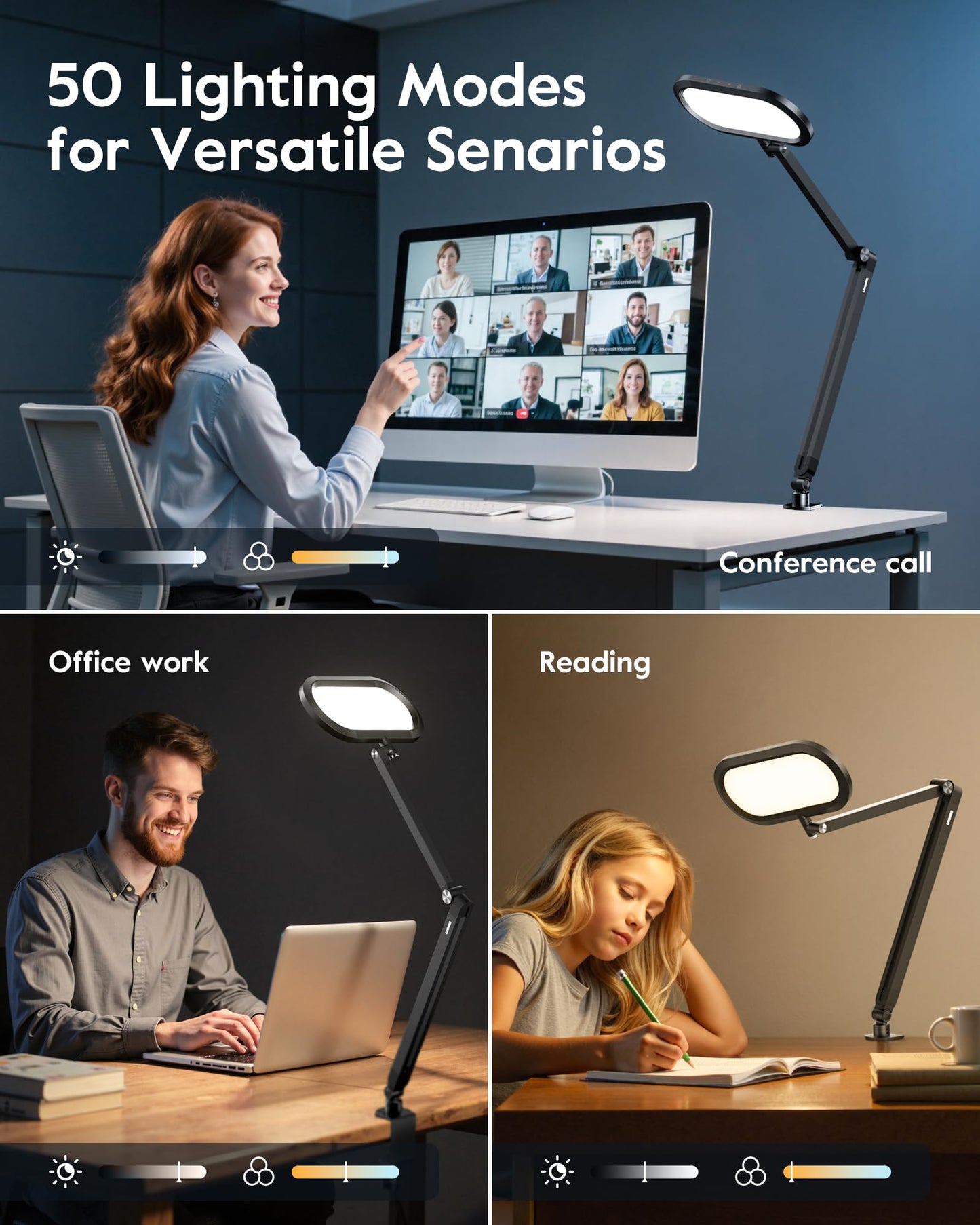LitONES Desk Lamp for Home Office, Eye-Care Dual-Sided Seamless Dimmable LED Desk Light with Knob Remote, Adjustable Arm Clamp Computer Lighting for Video Conference Recording, Zoom Call, Task, Stream